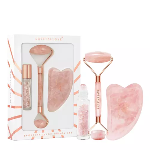 CRYSTALLOVE Rose Quartz Beauty Set - Набір: кварцовий масажер + камінь Gua Sha + пляшечка для олії